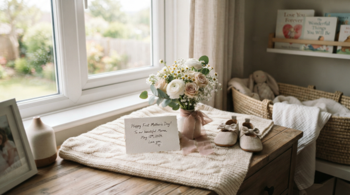 A gentle Mother’s Day arrangement celebrating a new mother.