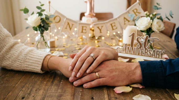 A couple celebrating their first engagement anniversary with a ring and simple decorations.