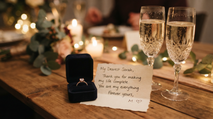 Heart touching engagement celebration with ring and love note