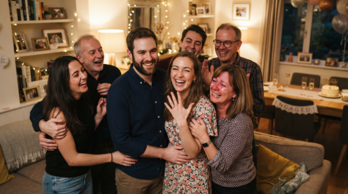 Couple announcing their engagement to family