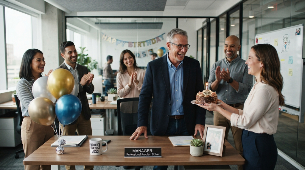 Coworkers celebrating their boss’s birthday at the office