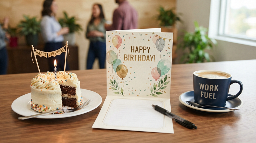 Birthday card and cake prepared for an office boss
