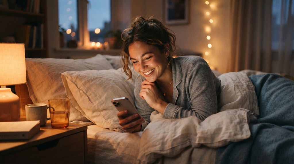 Reading a romantic goodnight message from a long-distance partner
