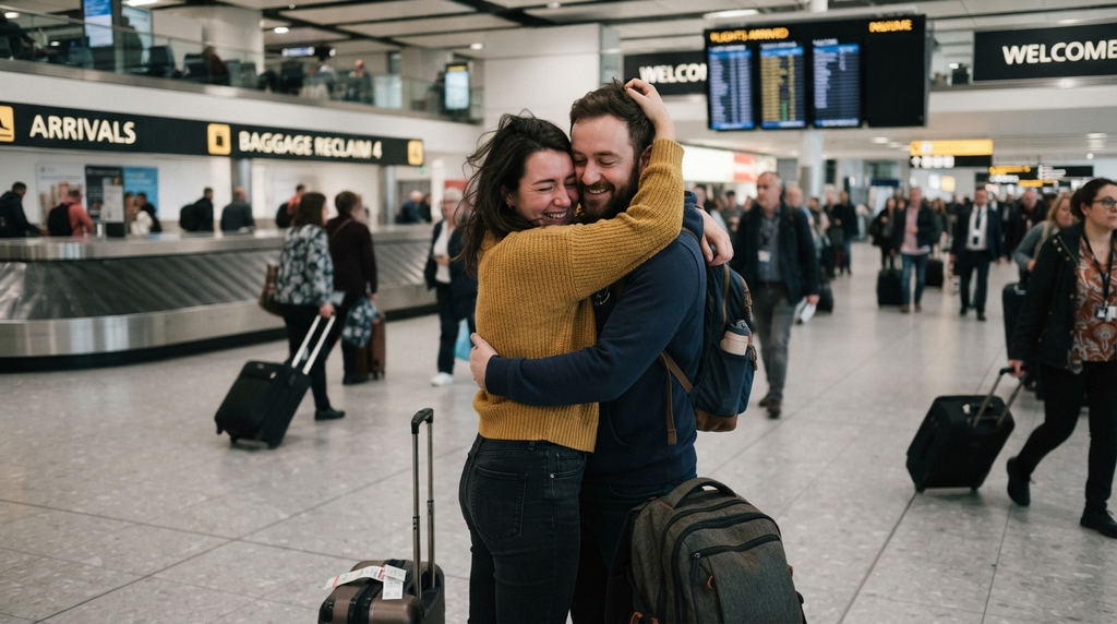 A long-distance couple embracing after being apart