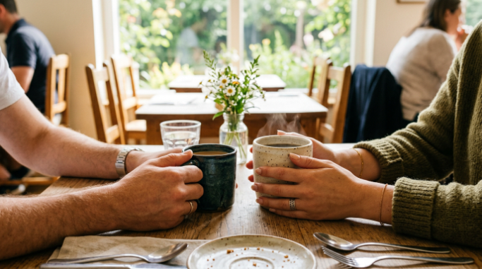 Coffee mugs shared during a relaxed morning between close friends