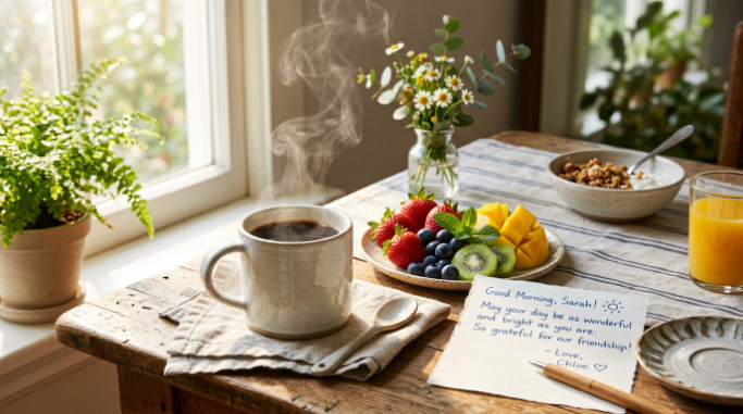 A cheerful breakfast scene prepared to brighten a friend’s morning