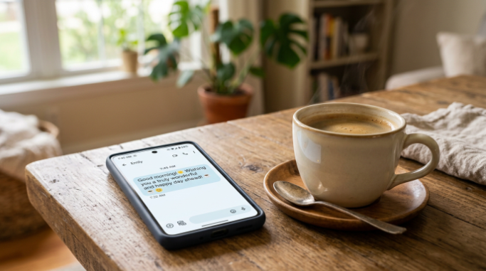 A friendly morning text displayed beside a cup of coffee