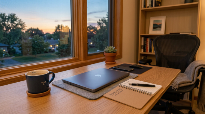 A tidy workspace ready for a relaxing weekend.