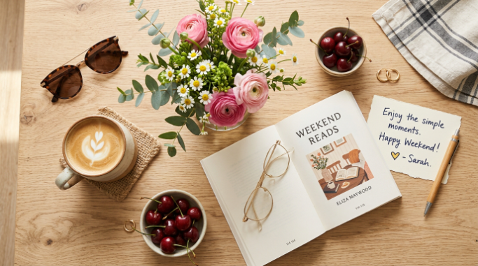 Weekend essentials arranged for a cheerful and relaxing day.
