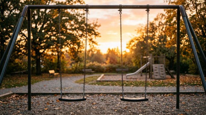 Empty playground swings symbolizing the memories of a first childhood friend.