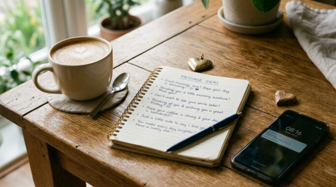 Personalized romantic message ideas written beside a smartphone.