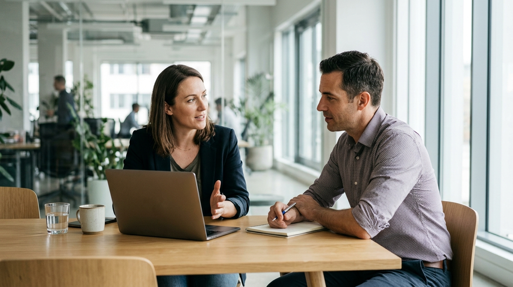 Two colleagues discussing progress on their work.