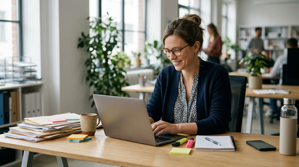 An office worker smiling while taking a break from a busy day.