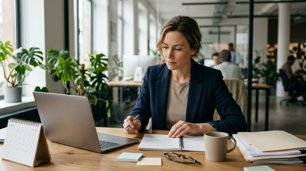 A professional organizing tasks during a demanding workday.