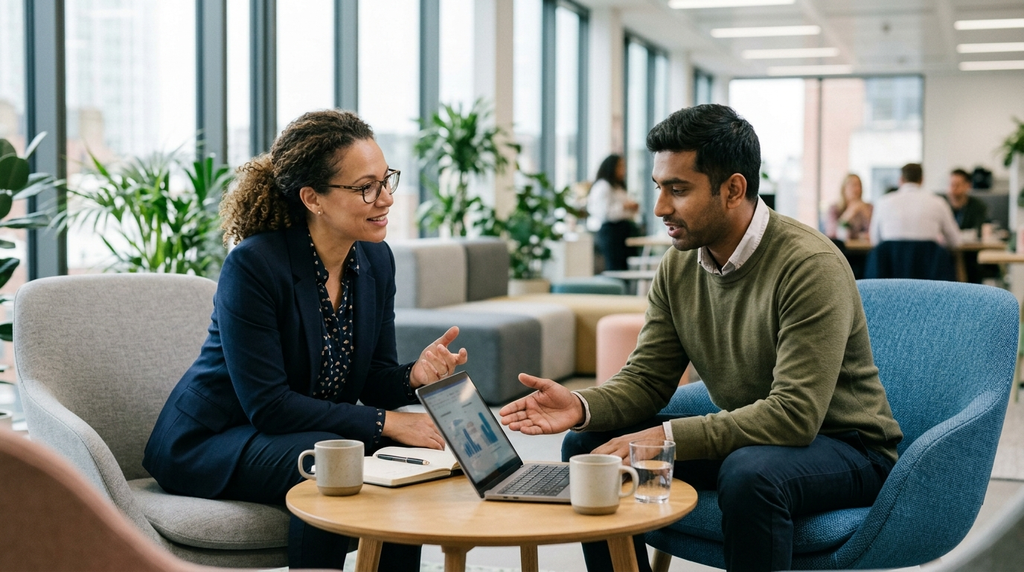 A manager and team member discussing work progress together.