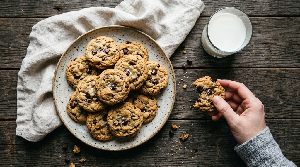 Homemade chocolate-chip cookies photographed for a social media post.