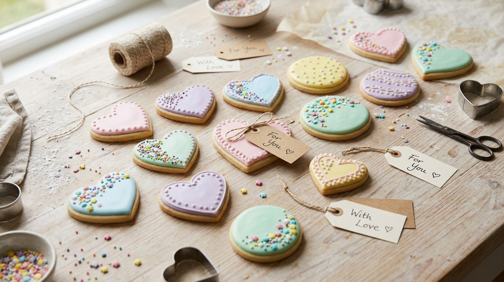 Decorated sugar cookies with colorful icing and sprinkles.