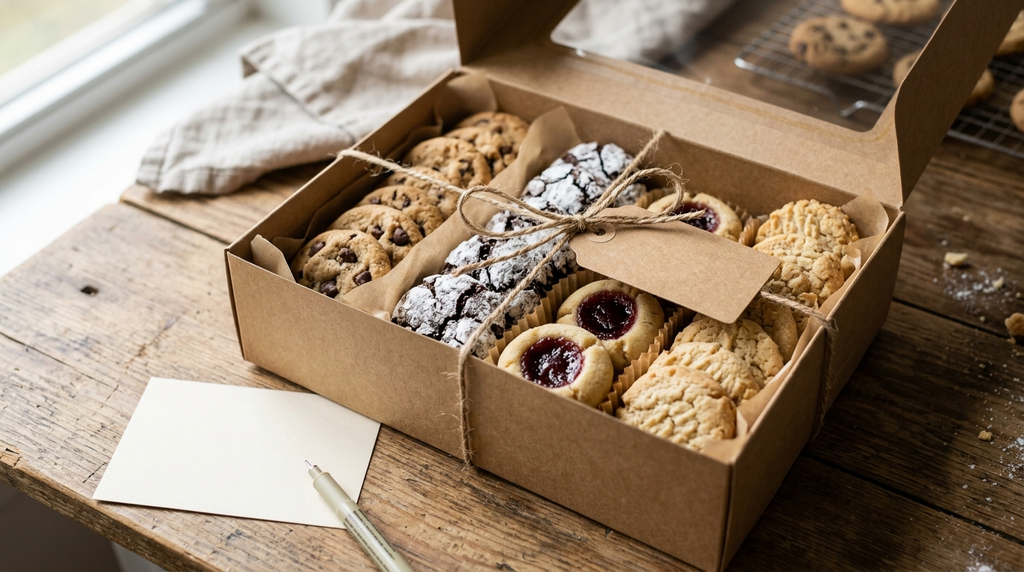 Homemade cookies packed in a gift box with handwritten tags.