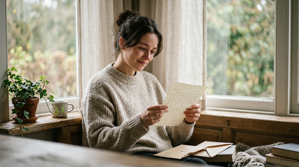 A woman reading a heartfelt love letter in a quiet moment.