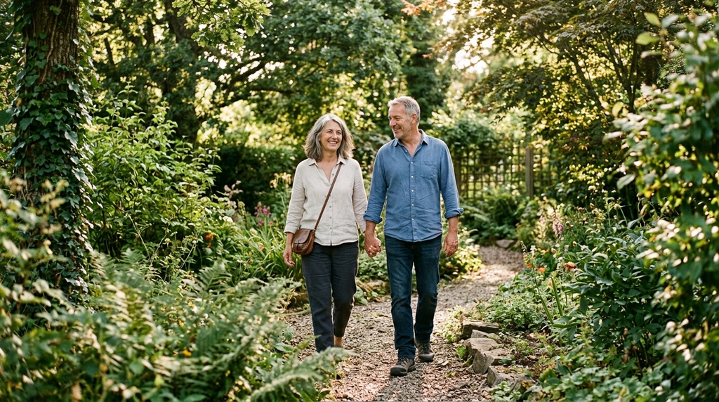 A long-term couple enjoying a peaceful walk together.