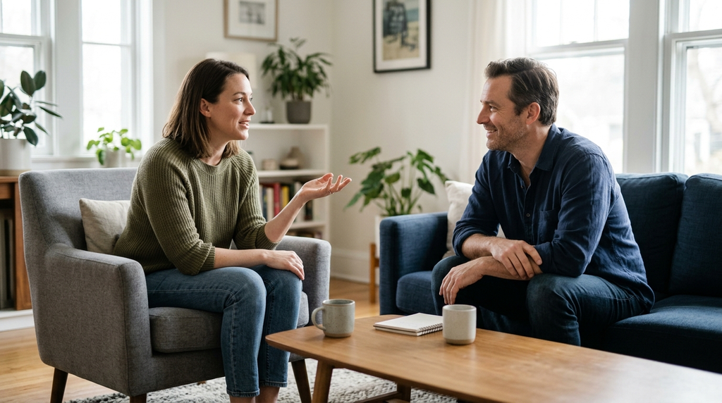 A person gestures politely to finish their point during a friendly discussion.