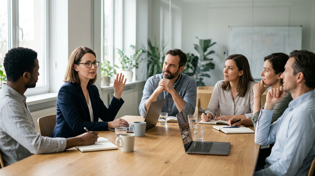 A colleague finishes explaining an idea while the rest of the team listens.