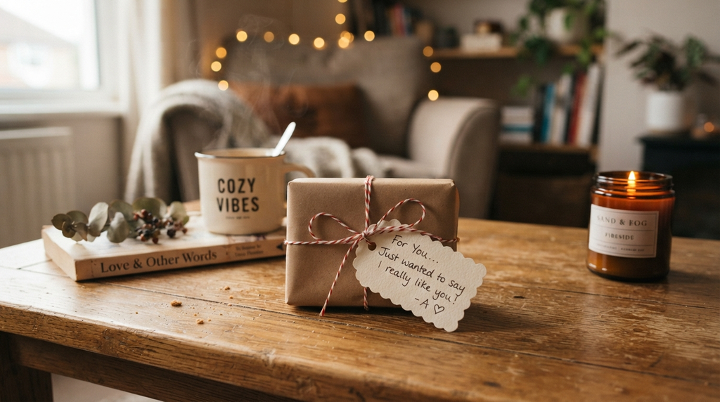 “Small gift with a handwritten note for a crush”