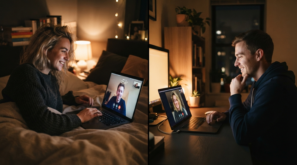 Couple sharing a quiet video call while separated by distance