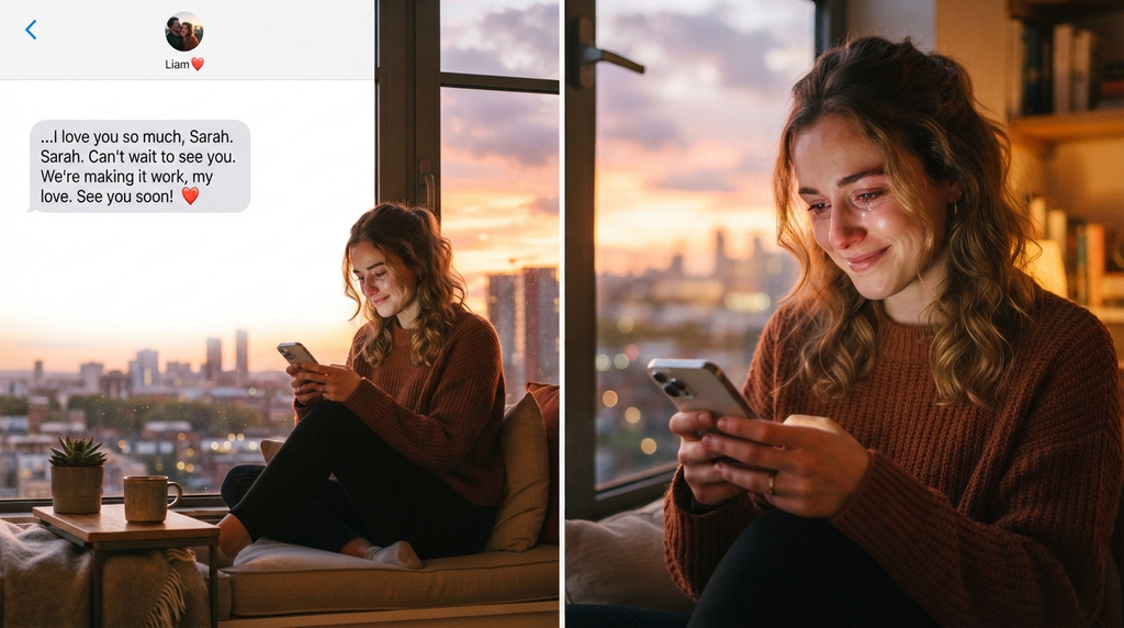 Woman reading a loving message from her partner while they are apart