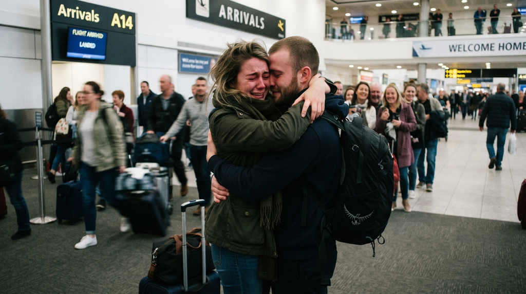 Couple embracing after finally reuniting following a long separation