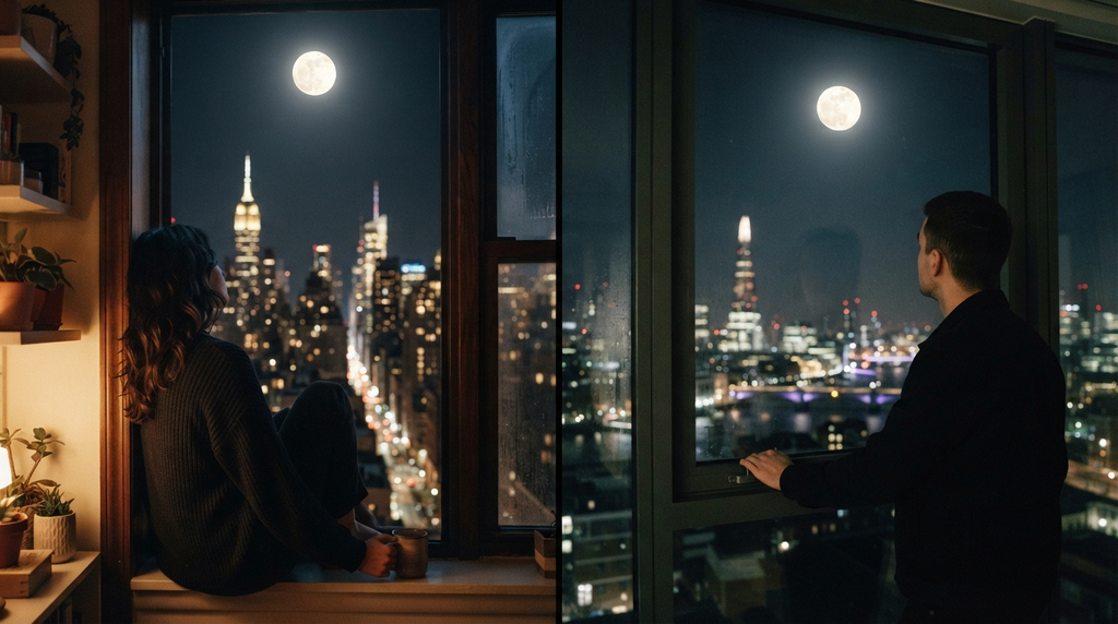 Two people separated by distance looking at the same night sky