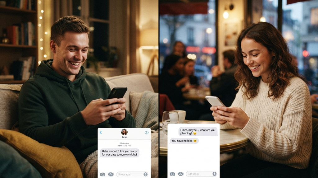 “Someone smiling while reading a playful text message”