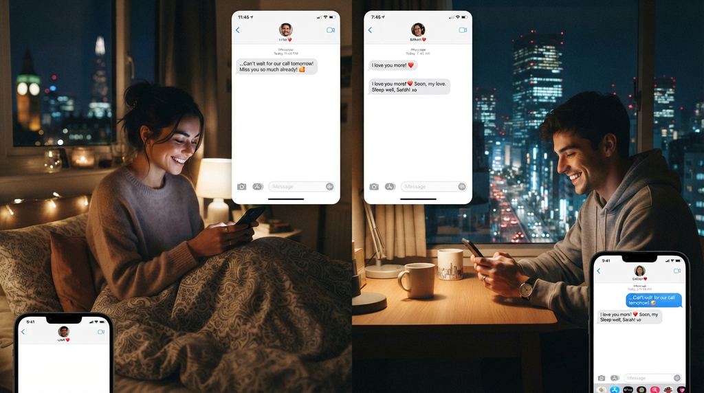 “A long-distance couple staying connected through late-night messages