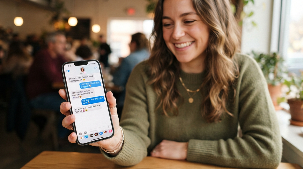 “A smiling person enjoying a playful romantic text exchange”