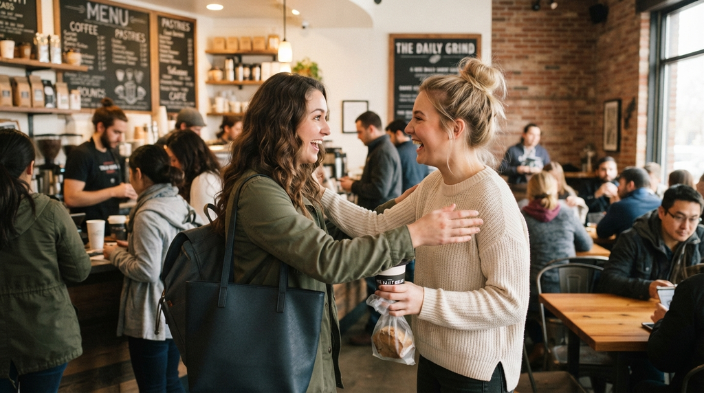 Friends reacting with surprise after unexpectedly meeting at a café