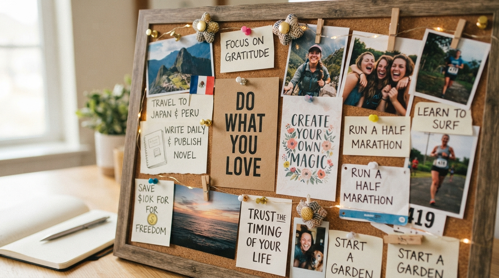 Inspirational words and personal goals arranged on a vision board