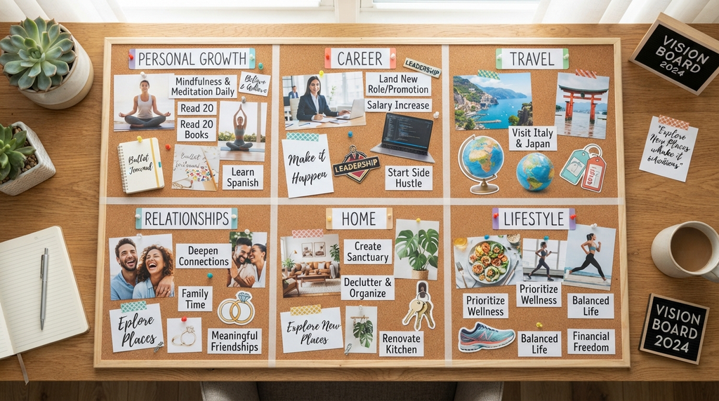 Organized vision board divided into different life goals and priorities