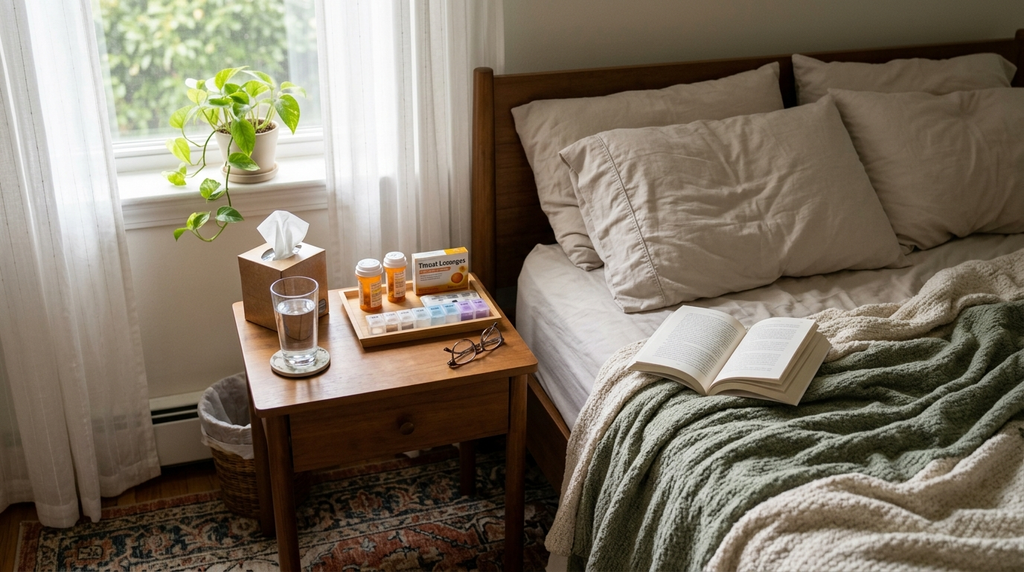 A peaceful bedside setup for someone resting during recovery.
